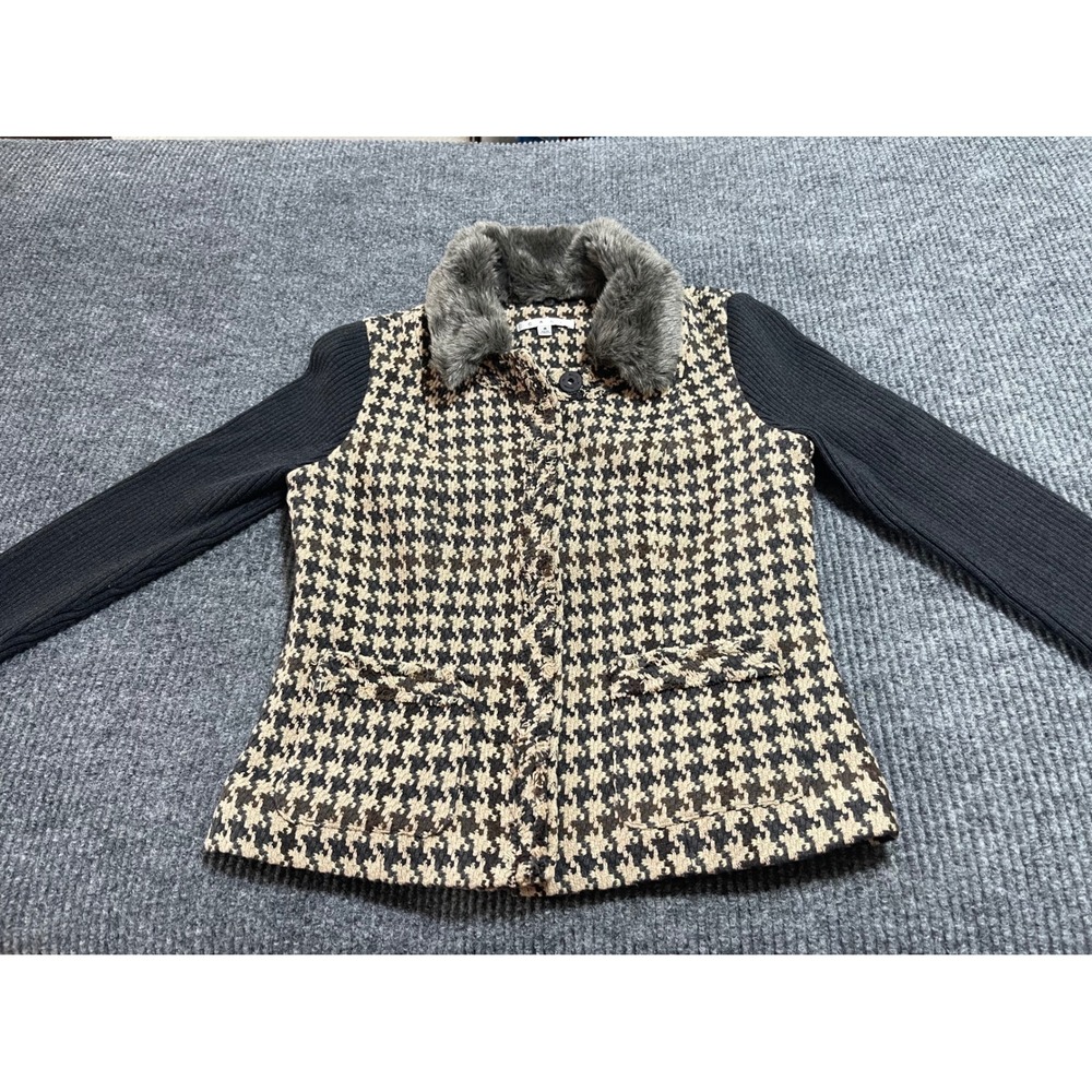 Cabi Houndstooth Faux Fur Collar Knit Sleeve Zip Front Jacket Size 8 Black Tan